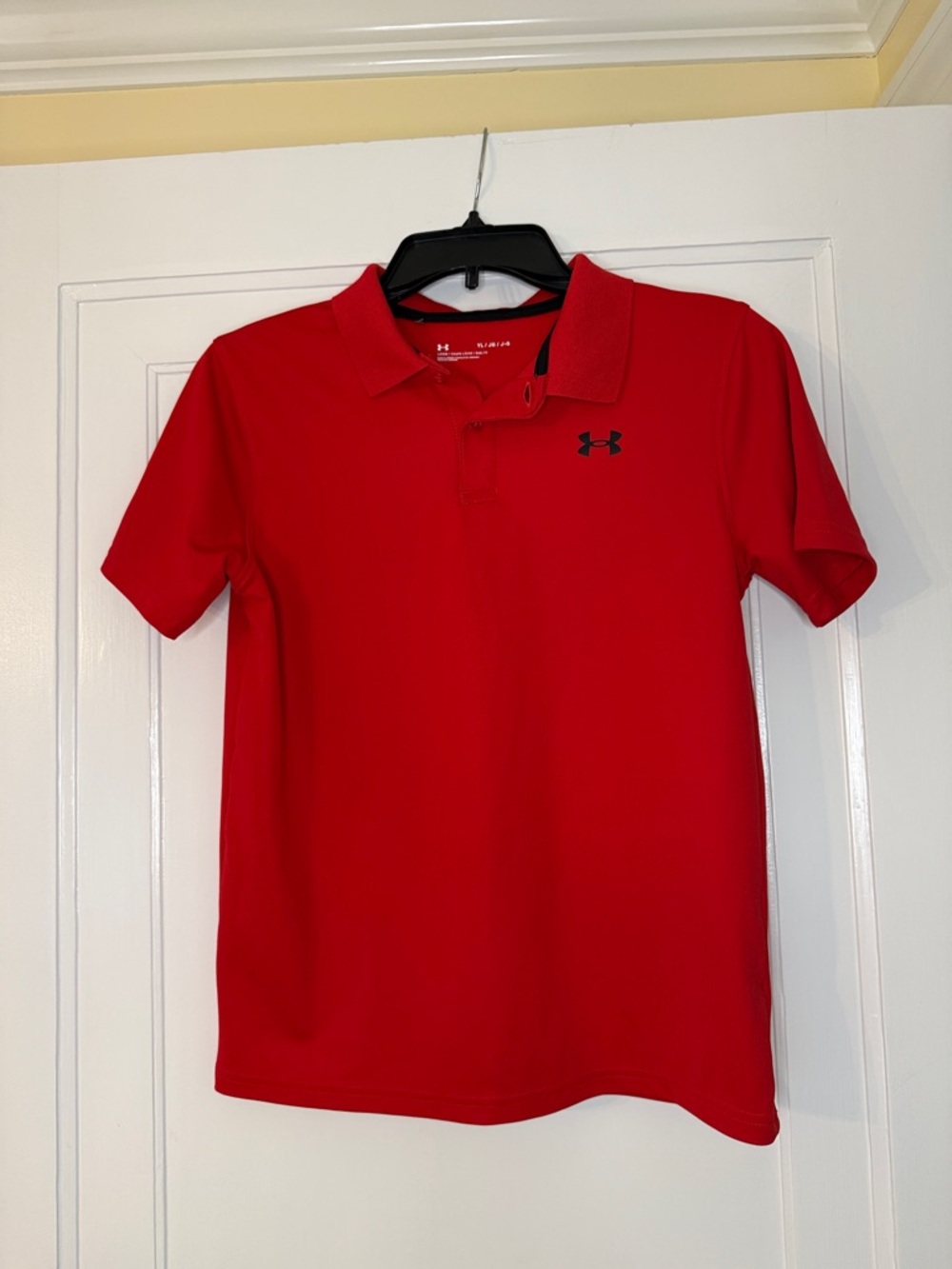 Under Armour Boys Polo YL Red Black Logo | Athletic Short Sleeve Shirt